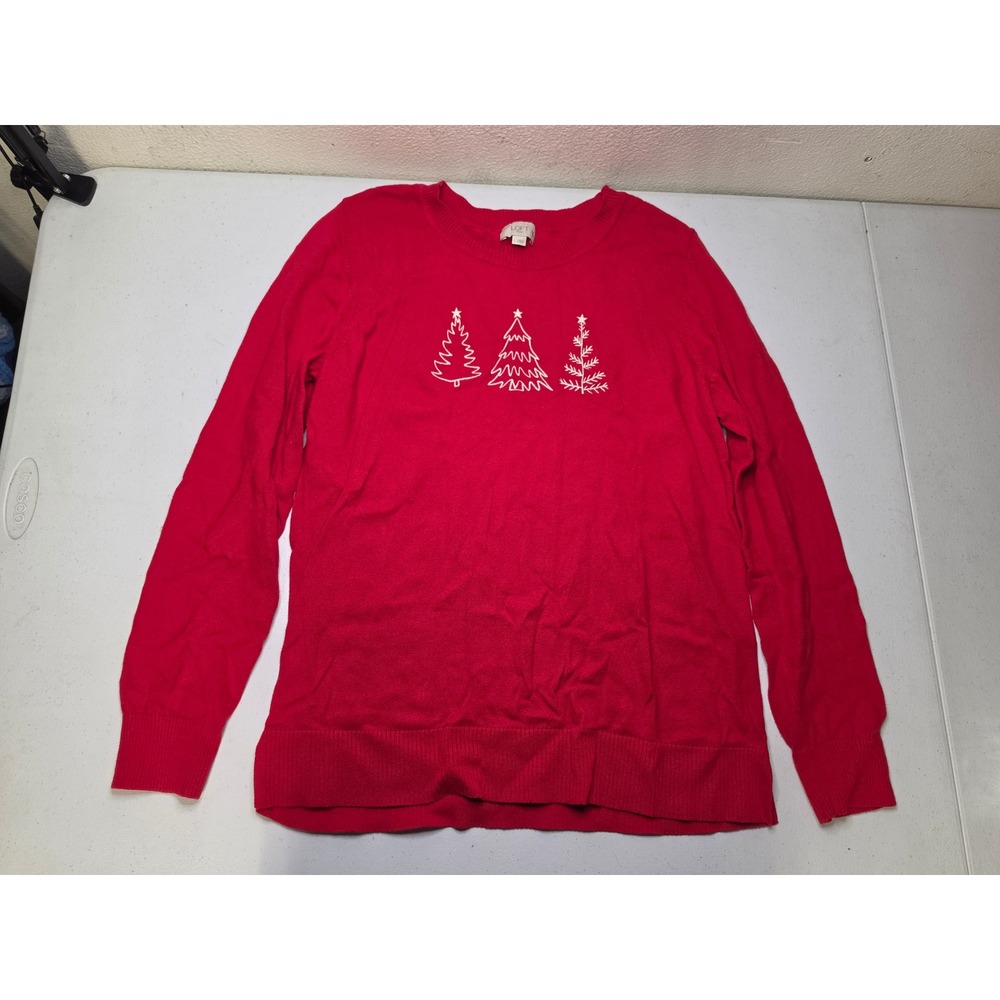 Loft Outlet Womens Red Christmas Tree Embroidered Cotton Knit Sweater Large